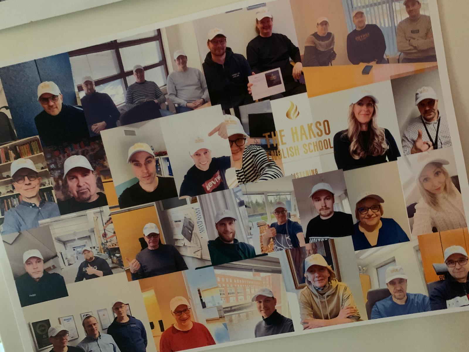 Collage of Hakso English School students in white school caps, smiling in their offices