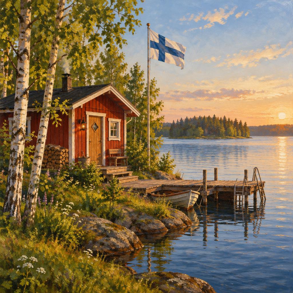 Red sauna by a lake with a Finnish flag
