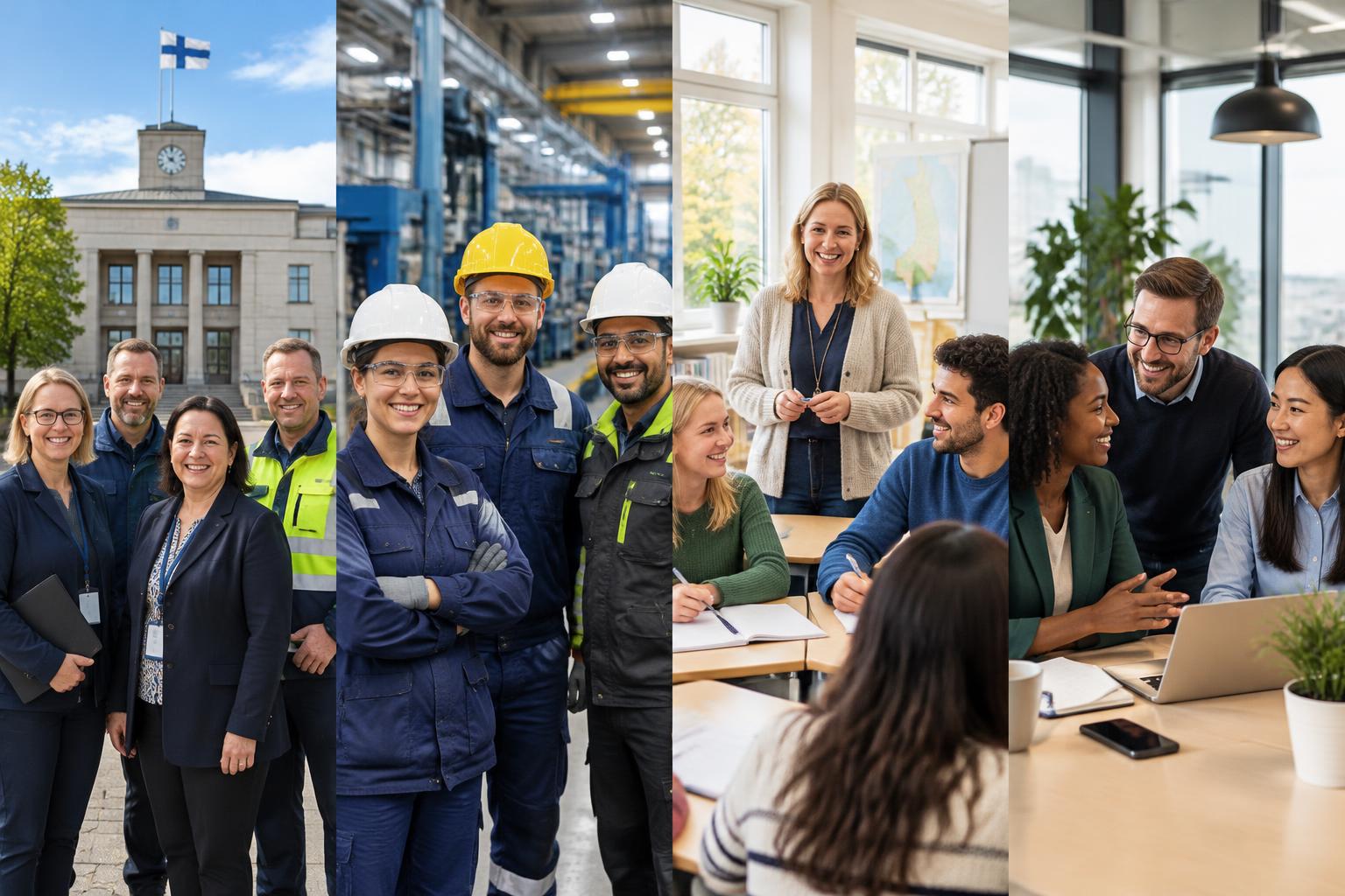 Happy people at a Finnish town hall, factory, school and office
